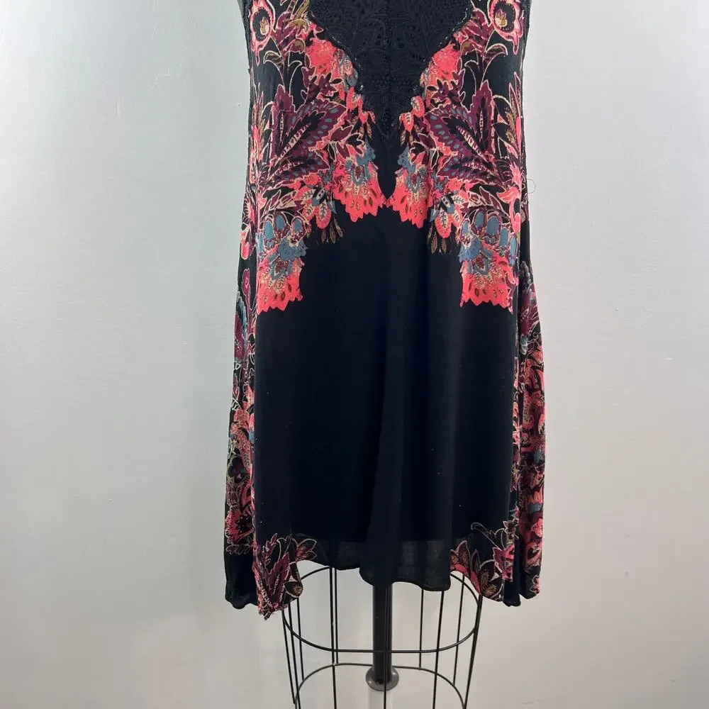 FREE PEOPLE Marsha Black Pink Slip Dress Floral Lace Mock Neck Pullover Medium M